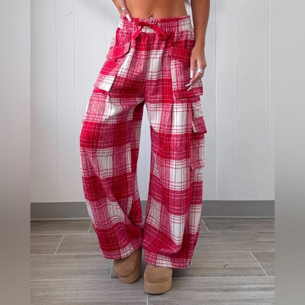 NWT Bibi Plaid Cargo 90’s Grunge Fleece Flannel Wide Leg Jogger Pants - Picture 4 of 6